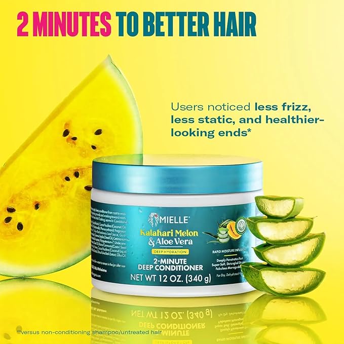 Mielle Organics 2-Minute Deep Conditioner - Kalahari Melon & Aloe Vera Moisturizing Hair Conditioner for Dry, Curly and Textured Hair - Softening, Detangling & Fast-Acting Deep Conditioning, 12 Ounce