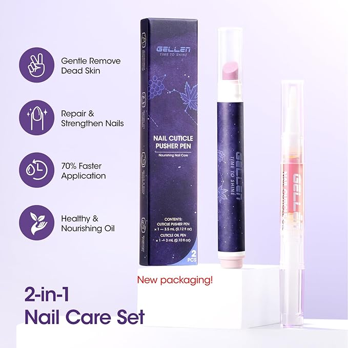 Gellen Ceramic Cuticle Oil Pusher Pen, 2Pcs Cuticle Remover Pen & Nourishing Cuticle Oil Pen for Hangnails & Dry & Damaged Nails, 2-in-1 Cuticle Care Set for Home and Salon Use