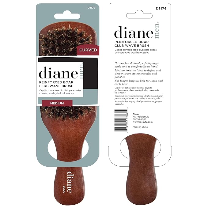 Diane Reinforced Boar Bristle Curved Club Wave Brush for Men and Barbers – Medium Bristles for Thick and Curly Hair – Use for Detangling, Smoothing, Wave Styles, Restore Shine and Texture