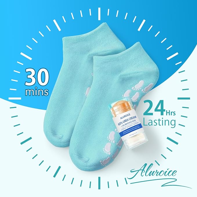 Silicone Moisturizing Socks with 60% Urea Cream- 2 in 1 Gel Socks & Urea Foot Cream for Dry Feet, Foot Care Moisturizing Socks for Dry Cracked Feet Women