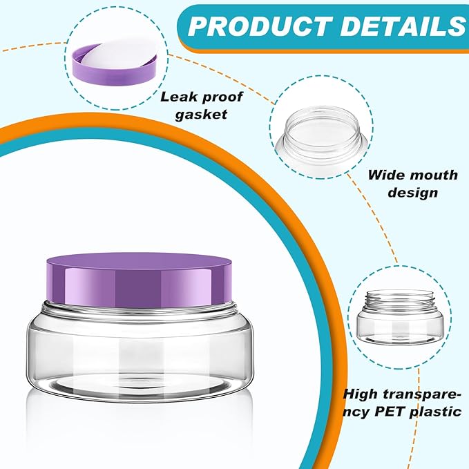 Tessco for you 24 Pack Plastic Jars with Lids Labels Multiuse Slime Containers Empty Body Scrub Jars Round Refillable Cosmetic Body Butter Container for Makeup (5 oz,Multicolor)
