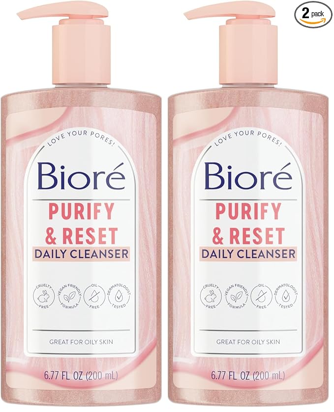 Bioré Rose Quartz + Charcoal Daily Purifying Cleanser,Oil Free Facial Cleanser Energizes Skin,Dermatologist Tested and Cruelty Free,6.77 oz,(Pack of 2)