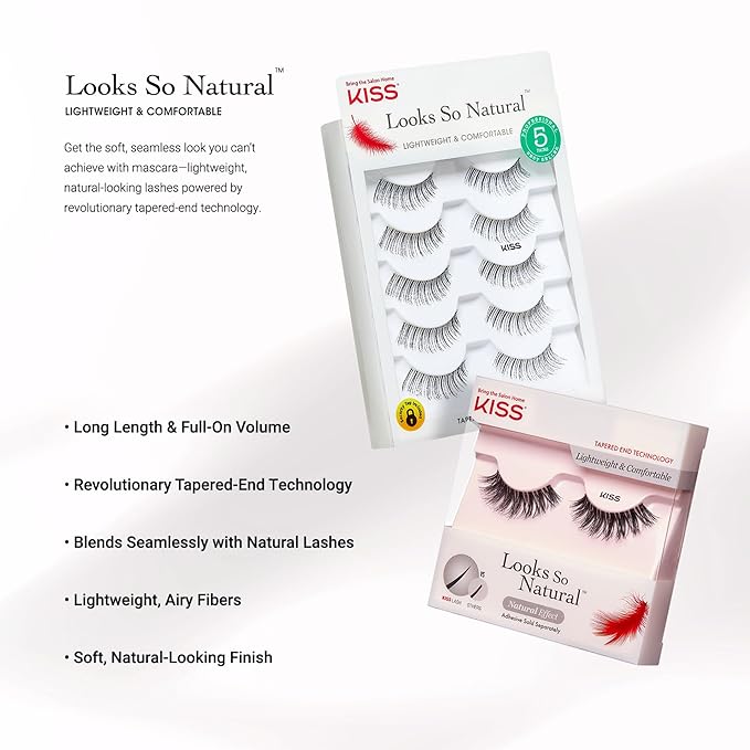 KISS Looks So Natural, False Eyelashes, 'Shy', 12mm, Includes 5 Pairs Of Lashes, Easy to Apply, Reusable Lash Clusters