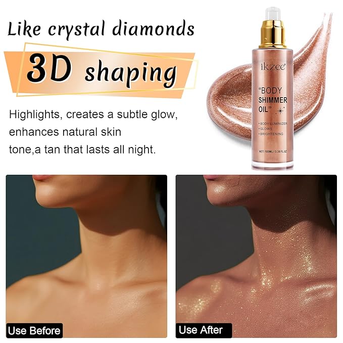Shimmer Oil 100ml, Moisturizing Long Lasting Body Luminizer Face Brighten, Waterproof Liquid Illuminator Glow, Glitter Oil Highlighter Summer Glowing Makeup (#05 Rose Gold)