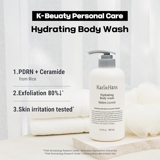 Karl&Hans Hydrating Body Wash, Korean Rice-Derived PDRN & Ceramide, Refreshing Cleanser, Skin Barrier Support, Non-Drying, with Coconut-Derived Moisturizers, 16.9 fl oz (Pack of 2, Mellow Coconut)