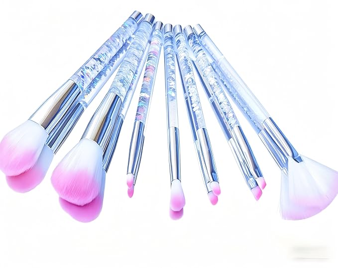 Travel Makeup Brush Set for Girls,Grey White Transparent Unique Liquid Flows Handle with Fan Lip Eye Shadow Blender Eyebrow Brush Sets for Kids Girls Lady Gift Present