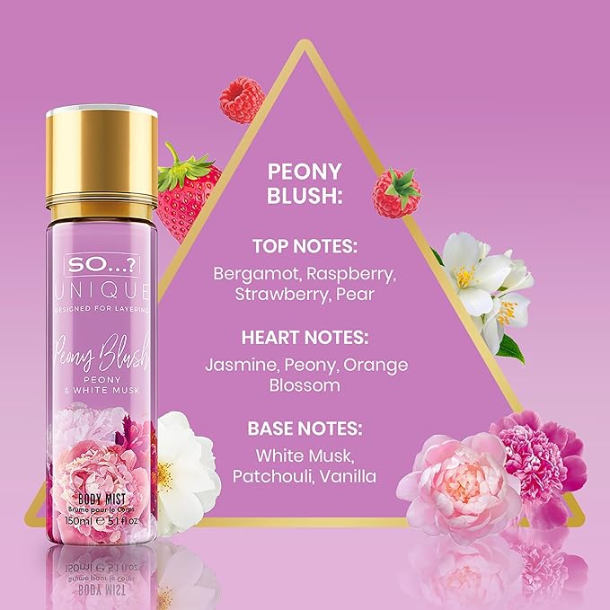 So...? Unique Peony Blush Body Mist - Floral, Fruity Vanilla Perfume with Bergamot and Pear Notes - Perfume for Women - Body Spray for Women - 5.1 oz