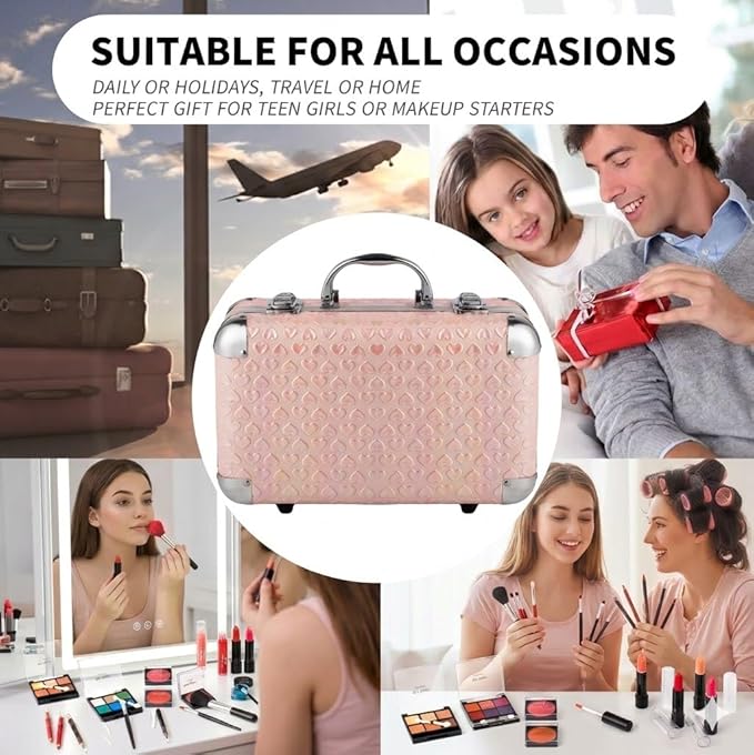 Hot Sugar All In One Makeup Set for Teenager Girls, Full Makeup Kit for Beginners Includes Eye Shadow Palette Blush Lip Gloss Lipstick Lip Pencil Eye Pencil Brush Mirror (Pink Heart)
