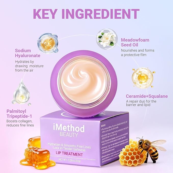 iMethod Overnight Lip Mask - Hydrating Lip Butter Balm with Hyaluronic Acid, Lip Moisturizer For Very Dry Lips, Lip Sleeping Mask to Nourish & Repair Cracked Lips, Smoothes Fine Lines - Honey
