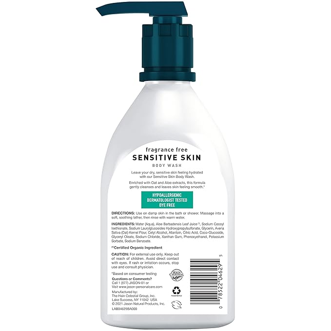 JASON Sensitive Skin Fragrance Free Body Wash, For a Gentle Feeling Clean, 16 Ounces