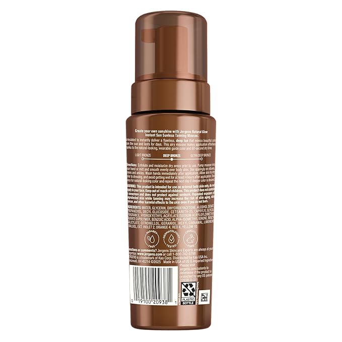 Jergens Natural Glow Instant Sun Body Mousse, Self Tanner for Deep Bronze Tan, Sunless Tanning Body Bronzer for Natural Looking Color Instantly, 6 Oz