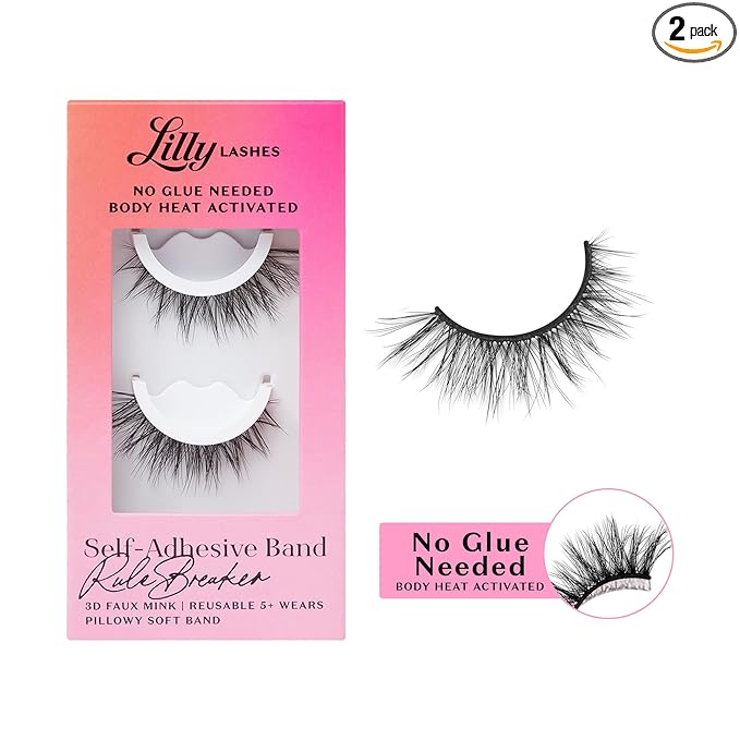Lilly Lashes 3D Self Adhesive Eyelashes, No Lash Glue Needed, Body Heat Activated Press on Lashes, Reusable Self Adhesive Eyelashes Up to 5x, Easy to Apply & Remove (RuleBreaker)