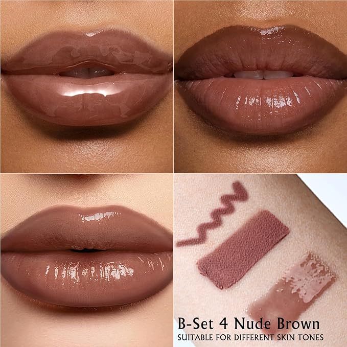 Nude Brown Lip Liner and Lipstick Lip Gloss Set, Hydrating Lip Kit Smooth Buildable Matte Lipstick High Pigment Plumping Lip Liner and Gloss, Long Lasting Lip Contour for Women Daily Makeup