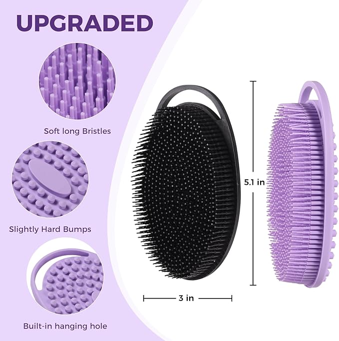 2 Pack Silicone Body Scrubber, Exfoliating Silicone Shower Scrubber for Body, Gentle 2 in 1 Silicone Loofah Alternative for Women Men, Dual-Sided Soft Bath Scrubber for All Skin, Black+Purple