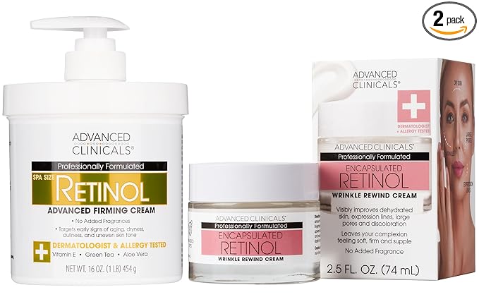 Advanced Clinicals Retinol Body Cream + Encapsulated Retinol Face Moisturizer 2pc Skincare Set For Women & Men To Reduce Appearance Of Wrinkles + Fine Lines & The Look Of Crepey Skin, 2pc Set