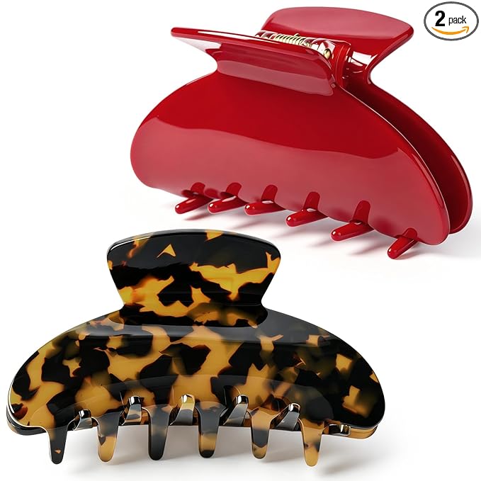 Aileam Acetate Hair Claw Clips for Women,Red Tortoise shell hair clip French Design Strong Hold Non-Slip claw clips for Thick Hair, 2 Pack