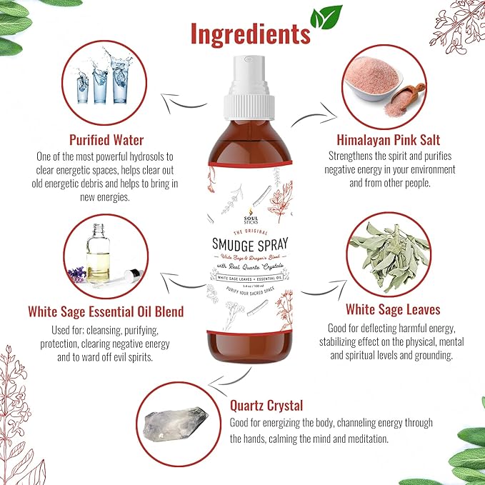 SOUL STICKS White Sage & Dragon’s Blood Smudge Spray – 3.5oz Smokeless Energy Mist with Quartz Crystals – Protective Smudging Spray for Aura Cleansing & Home Energy Clearing