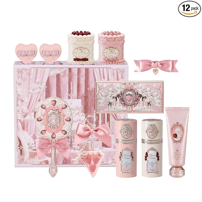 Flower Knows Cake Charm Set,Strawberry Cupid 12-Piece Makeup Gift Box Set,Lip Cream+Liquid Blush+Makeup Palette+Hand Mirror+Solid Perfume+Hair Clip+Cushion Powder Puff+Eyeshadow Brush+Gift Box