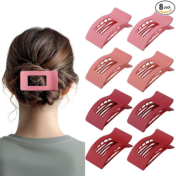 8 Pack French Flat Hair Clips for Women – Large Matte No-Slip Claw Barrettes for Thick & Thin Hair, Strong Hold Styling Accessories (Red and Pink)