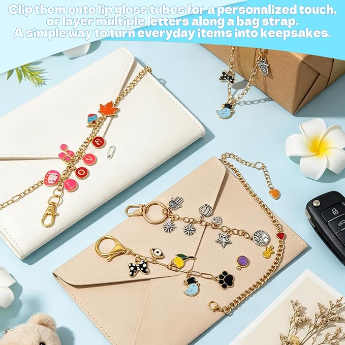 WANRSUDY 359 Pcs Charms Lip Gloss Keychain Making Kit-DIY Lip Balm Charms Kit Including Letter Clip Hooks Lobster Clasps Chains Jump Rings Complete Beginner Craft Set for Women DIY Gift