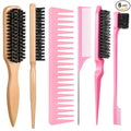 6 Pcs Boar Bristle Slick Back Hair Brush with Pink Edge Brush, Rat Tail Comb and Wide Tooth Comb for Women Men