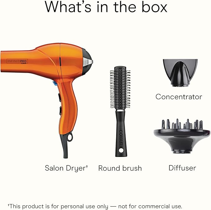 Infiniti PRO CONAIR Hair Dryer with Diffuser, Professional AC Motor, Tourmaline Ceramic Technology Blow Dryer, Includes Concentrator and Blowout Brush, Amazon Exclusive, Orange