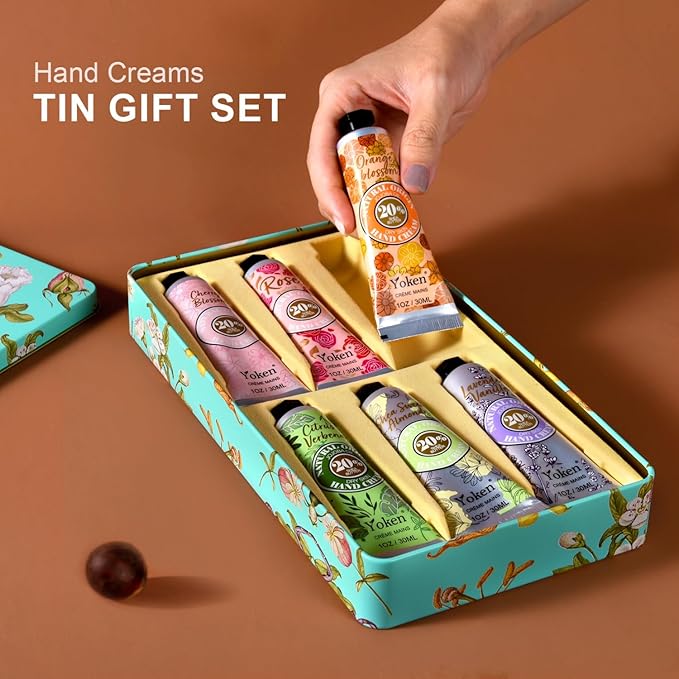 Yoken 20% Shea Butter Hand Cream Gift Set, Instant Soothing Moisturizing Hand Cream for Women Nourishes Dry Hands, 6-Piece Delicate Tin Gift Set Almond, Citrus Verbena & Floral-Scented, 6 x 1 OZ