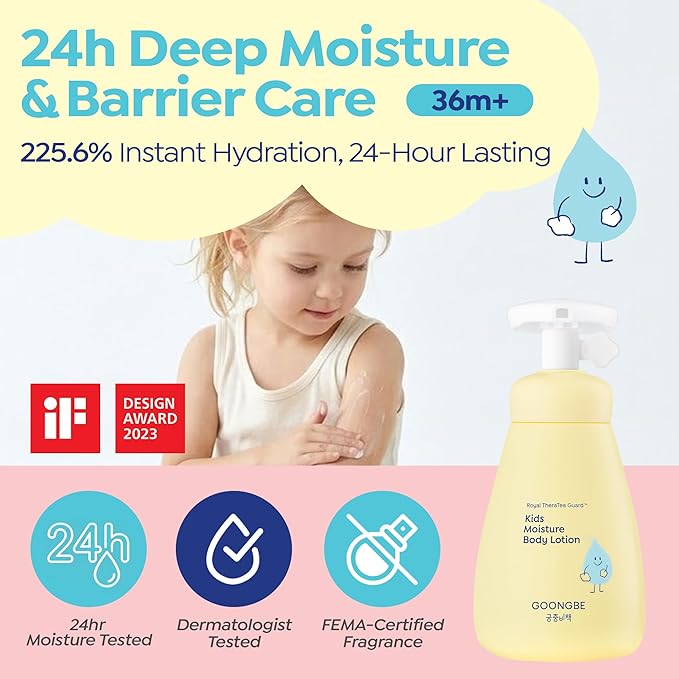 GOONGBE Kids Moisture Body Lotion – 24hr Hydrating Daily Moisturizer for Dry Sensitive Skin – Triple Lipid Complex (Ceramide, Squalane, Cica) – Fast-Absorb Non-Sticky, Allergen-Free 8.45oz