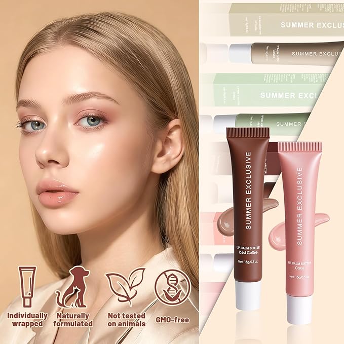 Summer Butter Lip Balm, Hydrating Plumping Clear Serum, Natural Glow Non-Sticky Transfer-Proof, Nourishing for Dry Lips, Women-Focused Lip Care with Shea Butter (#Iced Coffee & Cake, 2Pcs)