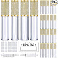 AMORIX 24 Pack Gold Crystal Lip Gloss Tubes with Wand 5ml Empty Lip Gloss Containers Lipgloss Bottles with Stoppers 2pcs Syringes + Labels for DIY Lip Gloss Balm