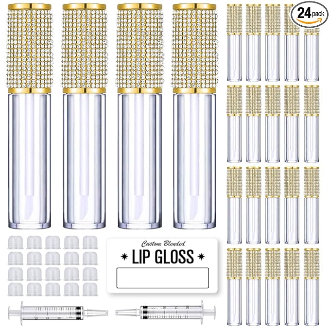 AMORIX 24 Pack Gold Crystal Lip Gloss Tubes with Wand 5ml Empty Lip Gloss Containers Lipgloss Bottles with Stoppers 2pcs Syringes + Labels for DIY Lip Gloss Balm