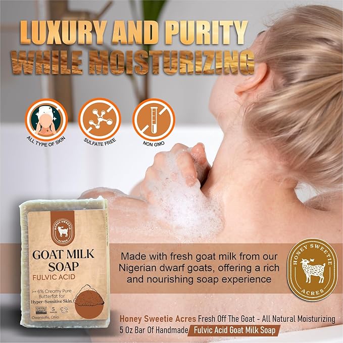 Honey Sweetie Acres Fulvic Acid Goat Milk Soap - Handmade 5 oz Bar, Made with Natural Ingredients, Moisturizing & Gentle, Made in the USA