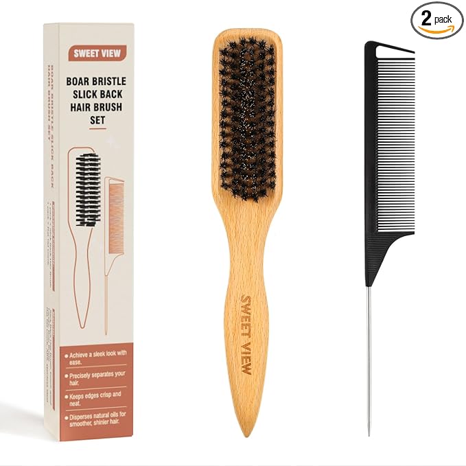 SWEET VIEW Boar Bristle Slick Back Hair Brush for Smooth Flyaways, Frizz, Sleek Ponytail, Buns and Edge Baby Hair, Teasing | Gel Comb Styling Accessories for Girls, Kids and Women