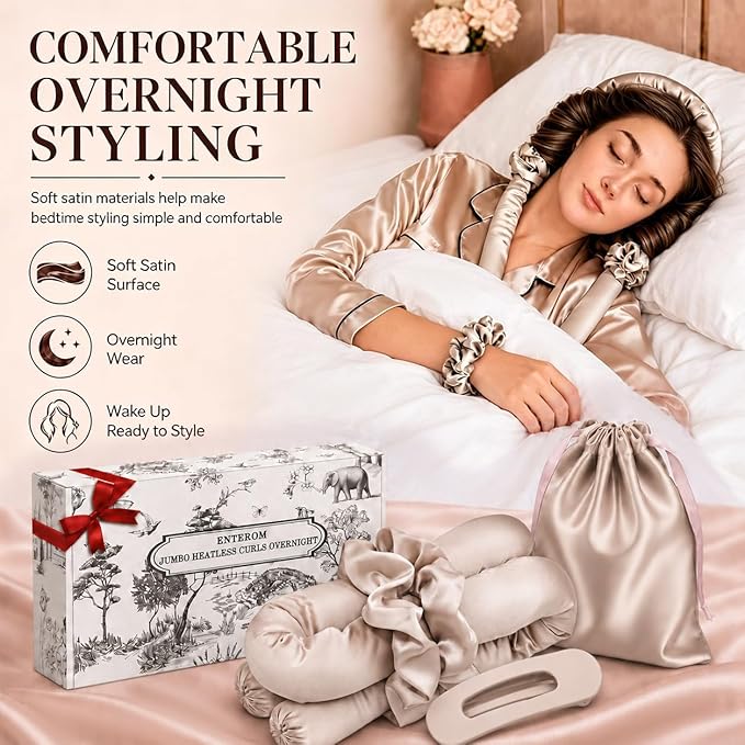 EnteromMuse Jumbo Heatless Curls Overnight Heatless Hair Curler – Oversized Heatless Curling Rod, No Heat Damage Hair Curler for Voluminous Curls, Rollers & Curls Set with Satin Fabric(Beige, Jumbo)