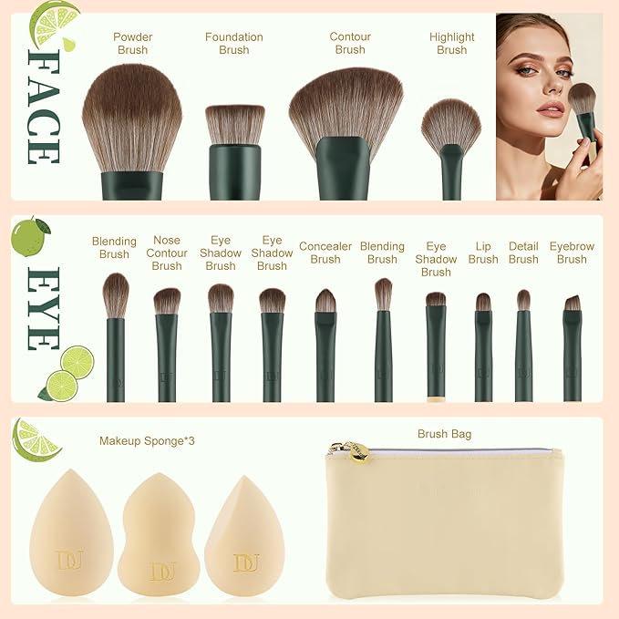 DUcare Makeup Gift Set 18PCS,with 14pcs Makeup Brushes Set 3Pcs Makeup Sponges 1PC Cosmetic Bag for Foundation Blending Powder Blush Concealers Eye Shadows