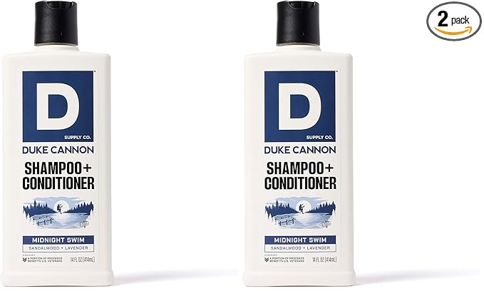 Duke Cannon 2-in-1 Shampoo & Conditioner for Men – Midnight Swim, 14 oz – Cooling, Strengthening Formula with Menthol, Tea Tree & Protein (Pack of 2)