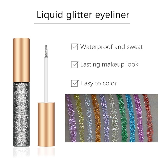 Ownest 10 Colors Liquid Glitter Eyeliner Set, Metallic Shimmer Glitter Eyeshadow, Long Lasting Waterproof Shimmer Sparkling Liquid Eyeliner Eye Shadow-10pcs, Mothers Day Gift