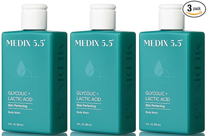 MEDIX Glycolic Acid + Lactic Acid Exfoliating Body Wash Gel | KP Bump Eraser | AHA Exfoliant Skin Care Body Cleanser | Keratosis Pilaris & Acne | Foaming Face Wash, 3 Fl Oz Travel Size, 3-Pack