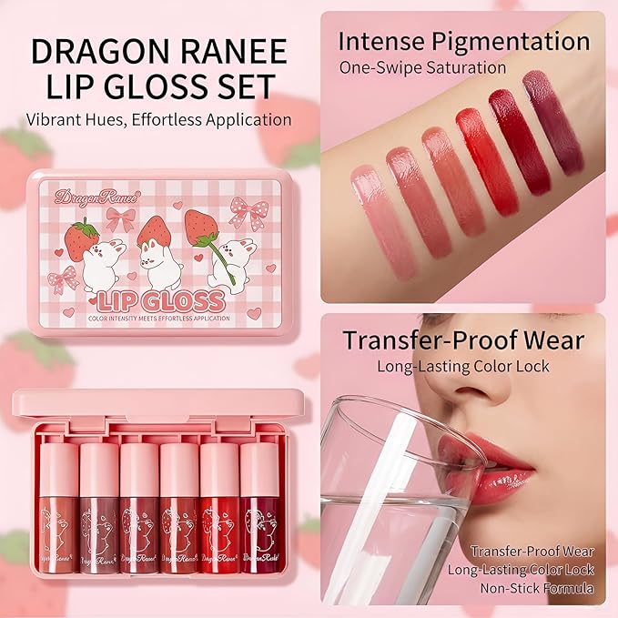 Eakroo 6 Colors Lip Gloss Set, Hydrating Korean Lip Gloss for Women, Non-Sticky Lip Oil Stain, Lip Stain Long Lasting Waterproof, Shiny Lip Gloss for Lip Makeup and Gifts, High Pigment, Vivid Color