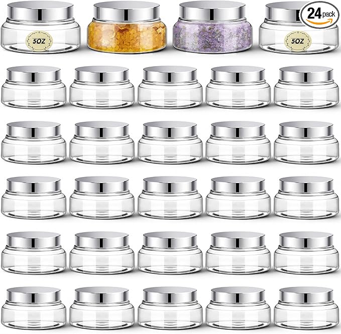 Tessco for you 24 Pack Plastic Jars with Lids Labels Multiuse Slime Containers Empty Body Scrub Jars Round Refillable Cosmetic Body Butter Container for Makeup (5 oz,Clear,Silver)