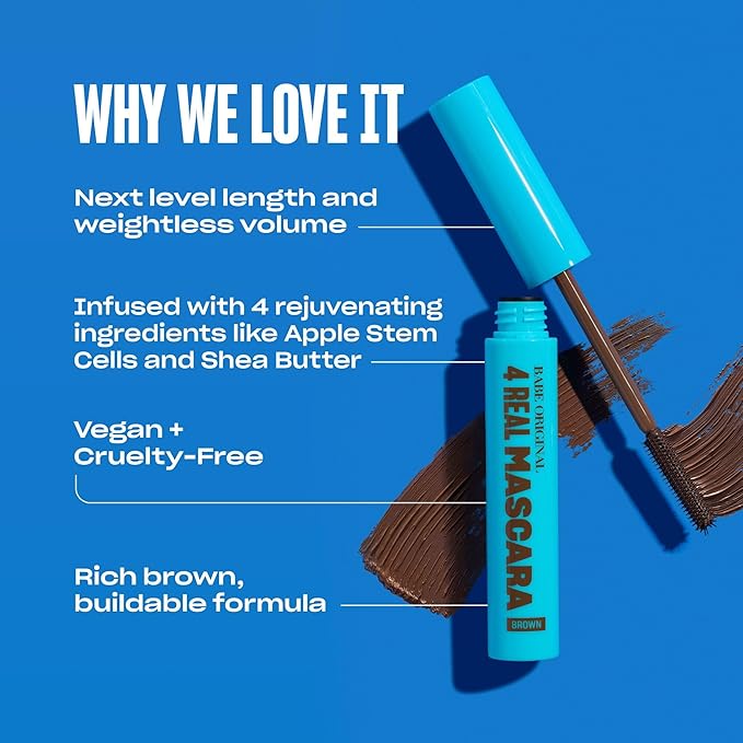 Babe Original 4 Real Mascara Brown for Volume, Length, and Lift in Eyelashes, Defined & Flutterly Look, Vegan & Cruelty-Free, (Brown)