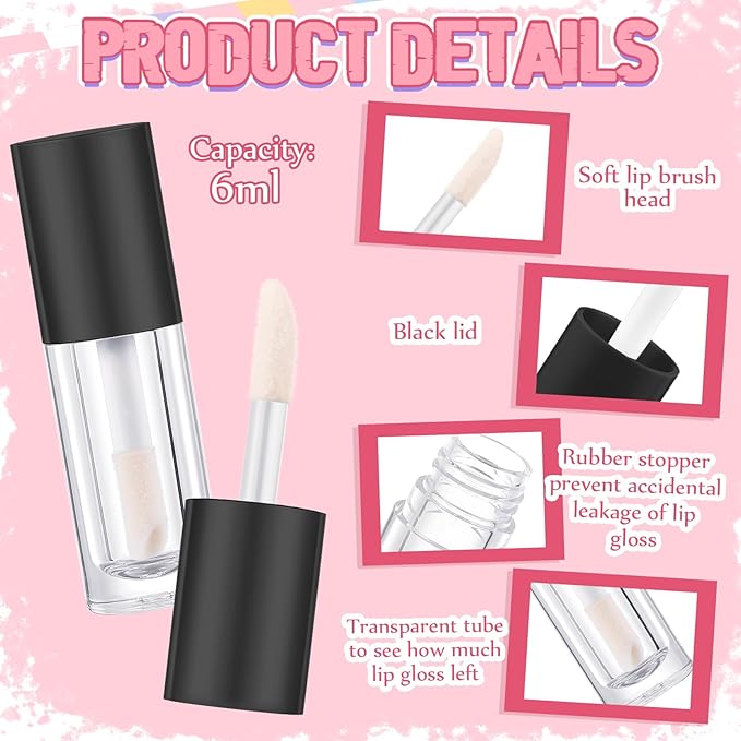 Tatuo 30 Pcs 6ml Empty Lip Gloss Tubes with Wand Bulk Lip Refillable Gloss Containers Cosmetic Bottles with Rubber Stoppers for Lipstick Eyelash Growth Liquid DIY Makeup Kit (Black)