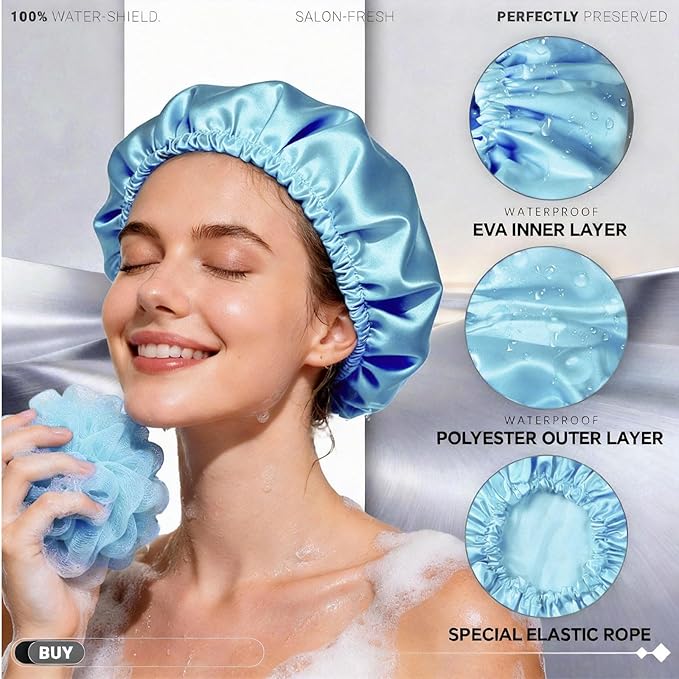 Smilco 2 Pack Shower Caps for Women, Reusable Waterproof Double Layer Bath Cap, Large EVA Elastic Hair Cover for Shower, Fits Long Hair & Braids, for Spa & Home