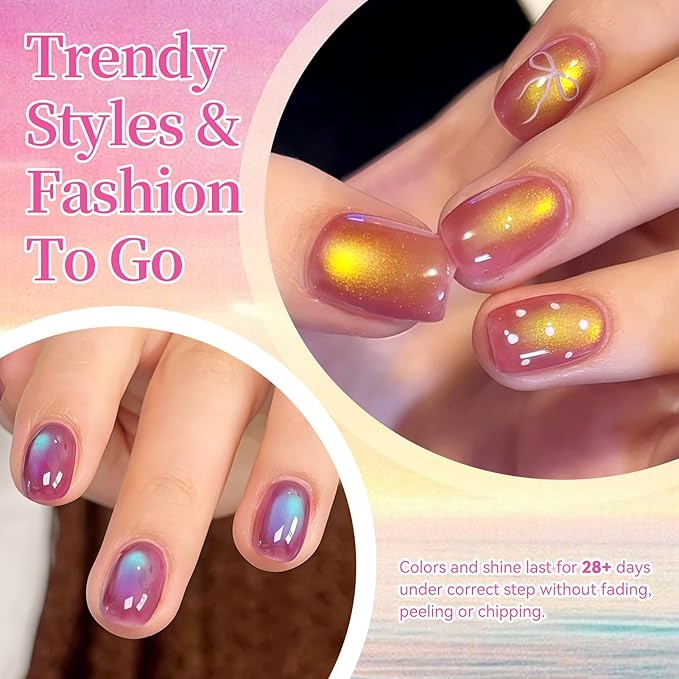 Born Pretty Spring Cat Magnetic Eye Gel Polish Set,6 Colors Pink Green Purple Crystal Jelly Shimmer Holographic Spring Summer Gel Nail Polish Kit with Magnet,DIY Manicure at Home