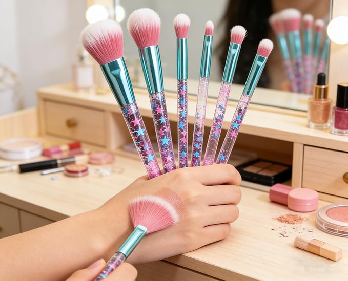 Glitter Makeup Brush Set for Teens, Unicorn Foundation Blush Fan Powder Lip Highlight Eye shadow Eyebrow Makeup Brushes Set with Liquid Flows for Girls Women Teen Kids Gift Present