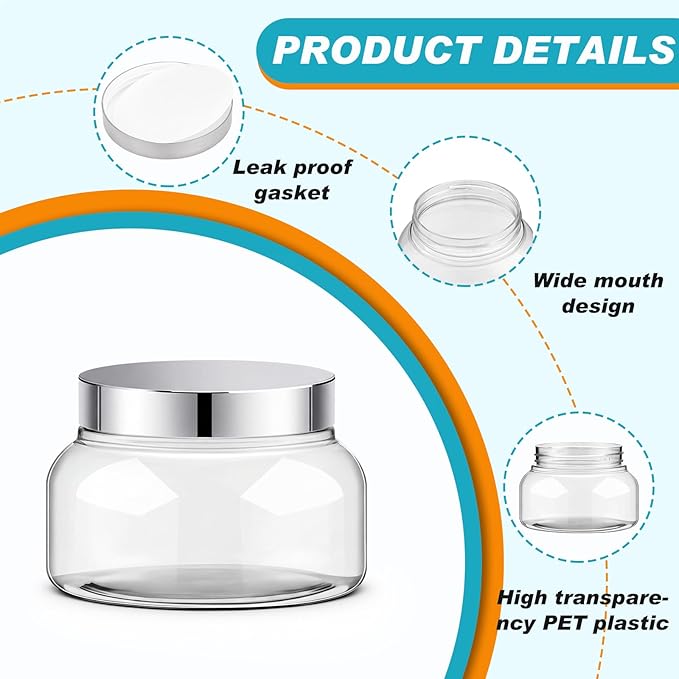 Tessco for you 24 Pack Plastic Jars with Lids Labels Multiuse Slime Containers Empty Body Scrub Jars Round Refillable Cosmetic Body Butter Container for Makeup (8 oz,Clear,Silver)