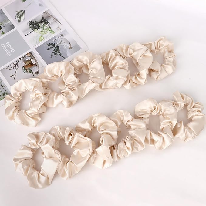 Silk Satin Scrunchies for Women Girls 12 PCS Ivory White Hair Scrunchies Silk Satin Hair Ties for Thick Hair Bulk Hair Ties Hair Accessories