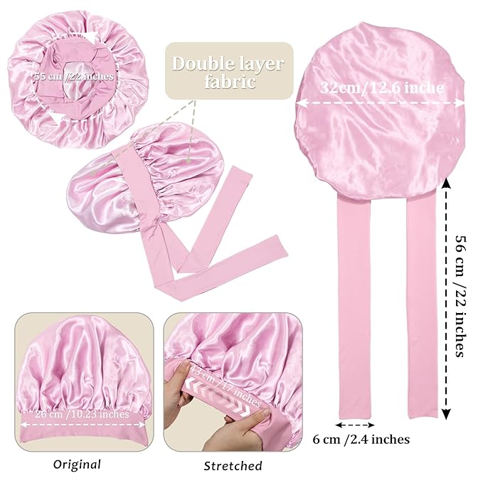 Satin Bonnet with 3PCS Hair Scrunchies for Women Tie Band Hair Bonnet Large 2 Layered Silk Sleeping Cap Nightcap for Sleeping (Pink with Bonus 3 Hair Scrunchies)