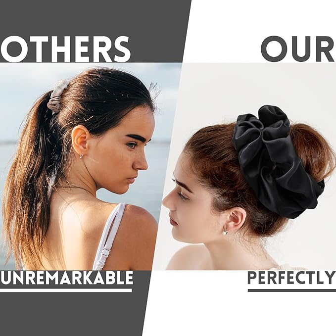 Waydress Big Satin Silk Scrunchies Hair Ties - 6 Pieces 7.2 Inch Satin Elastic Silk Hair Bands Jumbo Gaint Oversize Black Thick Scrunchy Large Ponytail Holder Accessories Gift for Women and Girls