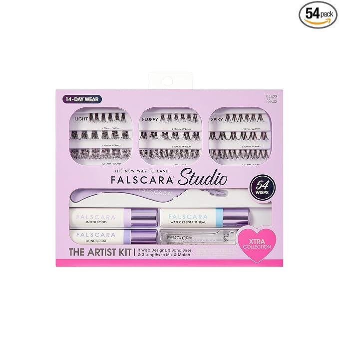 FALSCARA Studio Lash Extension Kit, 54 Stackable Lash Clusters, Medium Volume, 10mm-14mm, ‘Xtra’, False Eyelashes, InfuseBond, Water-Resistant Seal, BondBoost, Hydro Cleanser, Applicator